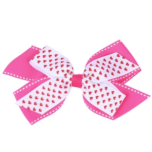 Pink and white heart pattern swallowtail hair bow with dotted edges for girls