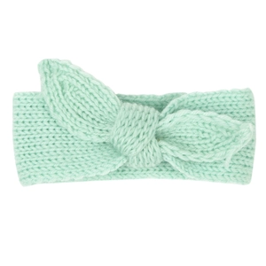 Bandeau bébé en tricot vert menthe avec nœud oreilles de lapin sur fond blanc pur