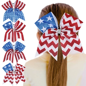 USA Independence Day Girls Large Cheer Bows With Hair Tie Glitter Stars Stripes Ribbon Hair Accessories July 4th Decor