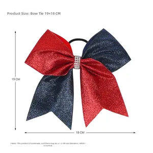 Detailed view of red and blue glitter bow hair tie with silver rhinestones, size 19x18 CM