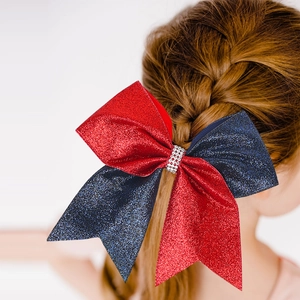 Large Glitter Cheer Bow Hair Tie With Rhinestones Split Color Swallowtail Elastic Hair Band For Kids Girls Hair Accessories