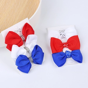 Three-piece American Independence Day grosgrain ribbon hair bows with festive rhinestones
