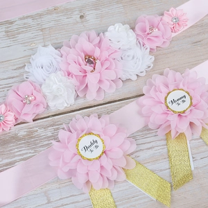 Floral Baby Shower Sash And Badge Set For Mommy Daddy To Be Chiffon Flower Pregnancy Maternity Party Ribbons Decoration