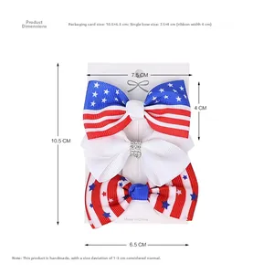 Detailed size specifications for Independence Day themed grosgrain ribbon hair bow clips set