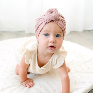 Breathable hollow lace baby turban hat with donut knot in lotus pink color