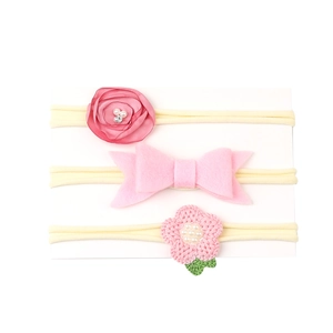 3-piece pink baby headband set with satin flowers and felt bows on nylon bands