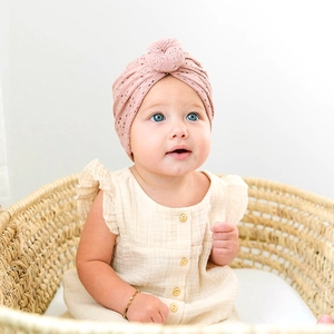 Pink breathable hollow cotton baby turban hat with top donut knot for infants