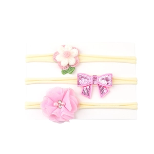 Three-piece baby headband set with pink sequin bow and chiffon floral embellishments