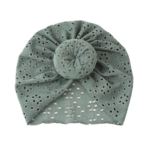 Breathable eyelet lace infant turban hat with soft donut knot design in sage green