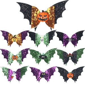 Set of 10 Halloween hair clips with glitter bat wings, pumpkin, ghost and spider motifs