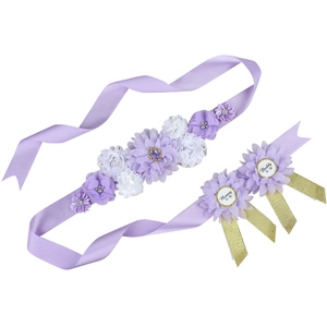 Close-up of lavender flower sash and badges set for Mommy and Daddy To Be party