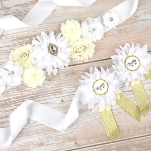 Detailed set of floral maternity sash and Mommy To Be badges for baby shower parties