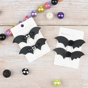 Halloween bat hair clips set with glitter pompoms and leather bow accessories