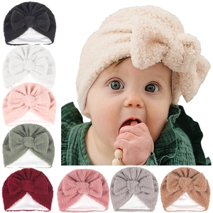 Bonnet Turban en Velours Teddy pour Bébé Grand Nœud Doux Chaud Hiver Pullover Cap pour Nourrissons Accessoire de Photographie