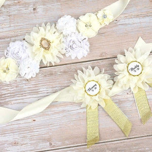 Baby Shower flower sash and corsage set for Mommy and Daddy to be in cream and gold