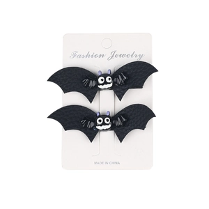 Halloween bat hair clips set with black textured faux leather and purple cartoon bat detail