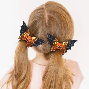 Halloween Kids Hair Clips Sequined Faux Leather Bat Bow Pumpkin Ghost Spider Motifs Hairpin For Girls Party Festival Hair Accessories