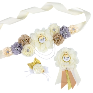 Elegant Baby Shower Sash and Badge Set with chiffon flowers for Mommy and Daddy to be