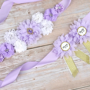Lavender flower maternity sash set with Mommy and Daddy To Be pins for baby showers