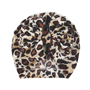 Baby leopard print turban hat with a large bow, soft autumn winter velvet infant headwear