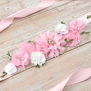 Handmade Flower Maternity Sash Satin Ribbon Bridal Wedding Belt With Rhinestone Artificial Pearl For Photography Party Women Accessory