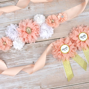 Peach baby shower sash set with floral mommy to be and daddy to be badges for maternity party