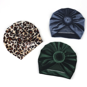 Three-piece set of velvet baby turbans with leopard print and plush top knot balls