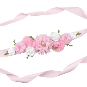 Pink floral maternity belt with large fabric dahlias, roses and a heart rhinestone