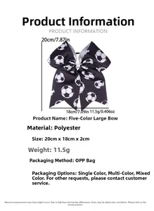 Detail showing the dimensions of the large soccer pattern bow hair tie on a white background