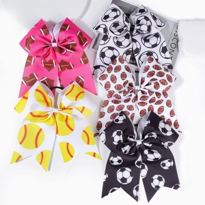 Five-piece set of sports-themed grosgrain ribbon cheer bows with football and baseball patterns