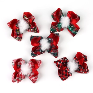 Set di 5 fiocchi per capelli natalizi scozzesi con pompon bianchi per accessori bambina