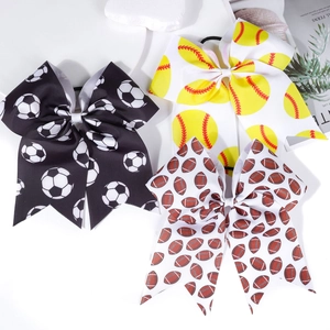 Three-piece large sports bow hair ties set with soccer, baseball, and football patterns