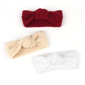 Dreiteiliges Teddy-Fleece-Stirnband-Set für Kinder mit Knotendetail in Rot, Beige und Weiß