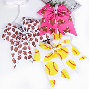 Three-piece large cheer bows featuring football and softball patterns on grograin ribbon