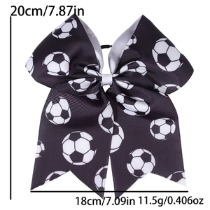 Detail view of soccer pattern hair bow with dimensions 7.87 by 7.09 inches and weight