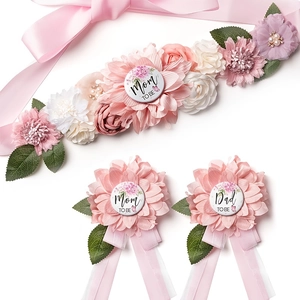 Baby shower sash and corsage set with floral designs for Mom to Be and Dad to Be