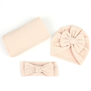 Ensemble de 3 pièces d'emmaillotage pour bébé avec bonnet et bandeau en maille gaufrée rose