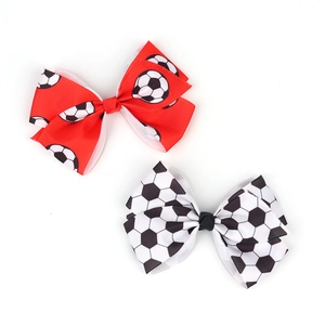 Children's soccer bow hair clips with classic football patterns and red ribbed ribbon