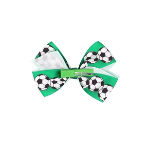 Green ribbon soccer bow hair clip with football prints and metal alligator grip