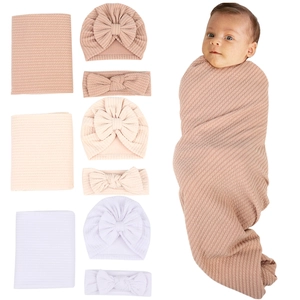 Nouveau-Né Bébé Couverture en Tricot Gaufre Grand Nœud Turban Chapeau Bandeau Doux Respirant Enveloppe Photographie Prop
