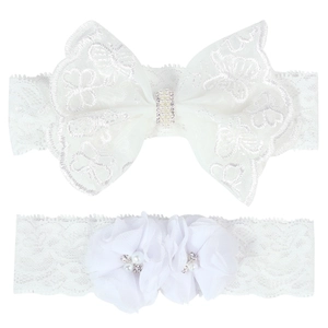 Ensemble de bandeaux bébé en dentelle blanche avec nœuds en strass et fleurs de mousseline