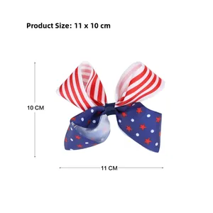 Détail de la barrette nœud rouge blanc bleu avec dimensions du produit 11x10 cm