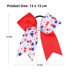 Detailed view of patriotic US flag bow hair tie showing 13cm size dimensions and stars pattern