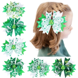 Boucles d'Oreilles Barrettes à Cheveux pour Enfants Saint-Patrick Nœud Multicouche Queue d'Hirondelle Motif Trèfle Ruban Gros-Grain Alliage Épingle à Cheveux Vert Blanc