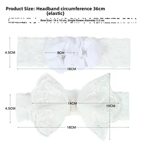 Guide des tailles des bandeaux bébé en dentelle avec nœuds en strass et détails floraux