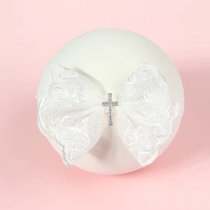 Bandeau bébé en dentelle blanche avec nœud et pendentif croix en strass pour baptême