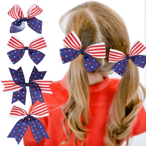 Pince à Nœud pour Cheveux Enfants Jour de l'Indépendance Drapeau Américain Étoiles Rayures Rouge Blanc Bleu Ruban Gros-Grain Accessoires