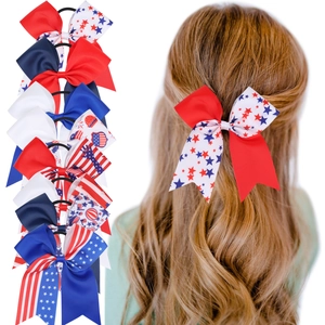 Patriotic Independence Day Bow Hair Scrunchies For Girls Stars Stripes Pattern Red White Blue Polyester Elastic Ponytail Holder Hair Accessories