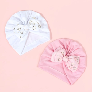 Infant turban hats set with large bow and gold stars in white and pink colors