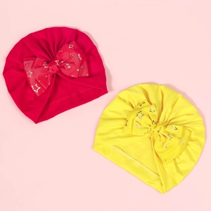 Infant bohemian turban hats in red and yellow with silver star bow and pleated design